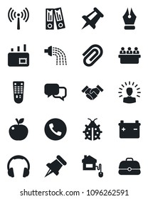 Set of vector isolated black icon - antenna vector, phone, office binder, meeting, drawing pin, watering, lady bug, remote control, dialog, headphones, paper, clip, ink pen, handshake, mail, home