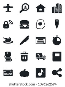 Set of vector isolated black icon - pen vector, plant label, pumpkin, stopwatch, music, copybook, office building, book, house, rooms, moving, restaurant table, chicken, hamburger, omelette