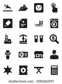Set of vector isolated black icon - arrival vector, flower in pot, well, picnic table, diagnosis, blood test vial, store, sea shipping, oil barrel, touch screen, radio phone, notes, support, pool