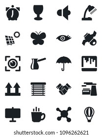 Set of vector isolated black icon - factory vector, butterfly, eye, molecule, satellite, fragile, umbrella, up side sign, speaker, alarm, scanner, presentation board, desk lamp, handshake, sun panel