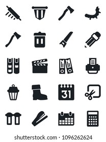 Set of vector isolated black icon - pennant vector, office binder, calendar, printer, boot, saw, axe, caterpillar, clapboard, cut, pencil, book, stapler, rolling pin, water filter, outdoor lamp