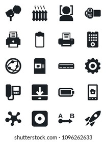 Set of vector isolated black icon - coffee machine vector, gear, route, microphone, video camera, network, share, battery, rec button, download, face id, printer, heater, air conditioner, intercome