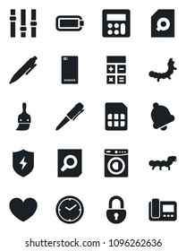 Set of vector isolated black icon - calculator vector, document search, pen, caterpillar, heart, settings, phone back, protect, themes, bell, sim, lock, battery, clock, washer, intercome