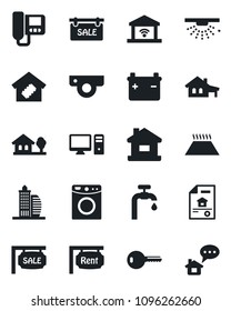 Set of vector isolated black icon - house vector, with garage, tree, water supply, estate document, sale, rent, office building, key, smart home, web camera, intercome, pc, washer, warm floor