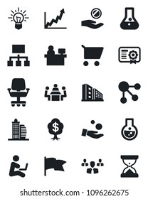 Set of vector isolated black icon - manager place vector, meeting, office building, group, growth graph, chair, investment, idea, cart, flask, flag, social media, hierarchy, certificate, money tree