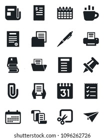 Set of vector isolated black icon - contract vector, document, coffee, drawing pin, calendar, folder, news, cut, paper clip, checklist, printer, book, pen, restaurant receipt, plane