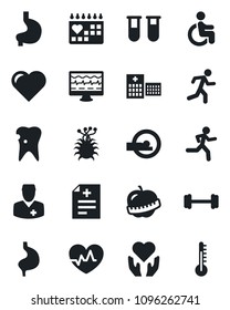 Set of vector isolated black icon - heart vector, pulse, monitor, diagnosis, blood test vial, tomography, barbell, run, disabled, hand, stomach, caries, medical calendar, diet, hospital, doctor