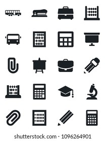 Set of vector isolated black icon - airport bus vector, graduate, abacus, presentation board, microscope, calculator, case, paper clip, pencil, stapler