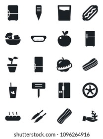 Set of vector isolated black icon - seedling vector, plant label, diet, fridge, drink, phyto bar, salad, bacon, bread, kebab, hot dog, apple fruit, fan, palm sproute