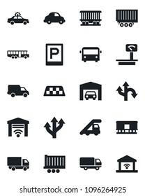 Set of vector isolated black icon - taxi vector, airport bus, parking, alarm car, ladder, route, railroad, truck trailer, delivery, heavy scales, garage, gate control