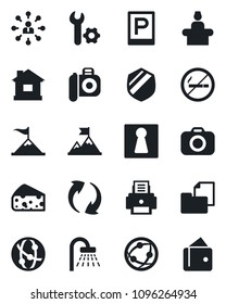 Set of vector isolated black icon - parking vector, no smoking, female, reception, shower, hierarchy, house, folder document, shield, camera, network, update, root setup, printer, cheese, motivation