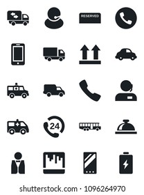 Set of vector isolated black icon - airport bus vector, phone, reception bell, mobile, ambulance car, 24 hours, support, delivery, up side sign, call, scanner, moving, waiter, reserved, battery