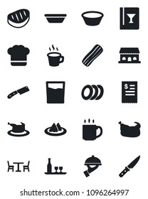 Set of vector isolated black icon - cafe vector, coffee, alcohol, serviette, cook hat, wine card, drink, plates, bacon, waiter, building, restaurant receipt, chicken, steak, bowl, knife