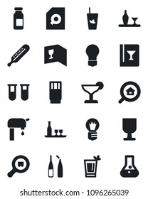 Set of vector isolated black icon - bulb vector, blood test vial, thermometer, ampoule, fragile, search cargo, document, water supply, estate, alcohol, wine card, drink, cocktail, phyto bar, flask
