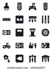 Set of vector isolated black icon - airport tower vector, passport control, security gate, stamp, scales, gamepad, settings, remote, rewind, record, air conditioner, home, garage