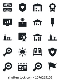 Set of vector isolated black icon - statistic monitor vector, plant label, blood test vial, heart diagnostic, shield, medical calendar, warehouse, package, search cargo, sertificate, alcohol, flag
