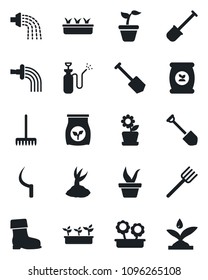 Set of vector isolated black icon - job vector, shovel, farm fork, rake, seedling, watering, sproute, boot, sickle, garden sprayer, fertilizer, flower in pot, irrigation