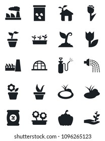 Set of vector isolated black icon - factory vector, flower in pot, seedling, watering, sproute, pumpkin, greenhouse, seeds, pond, garden sprayer, fertilizer, tulip, eco house, palm