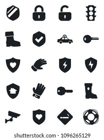 Set of vector isolated black icon - smoking place vector, alarm car, glove, boot, heart shield, traffic light, protect, key, lock, home, surveillance, crisis management