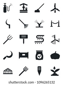 Set of vector isolated black icon - fence vector, farm fork, rake, well, hoe, sickle, plant label, pumpkin, greenhouse, garden sprayer, fertilizer, drip irrigation, windmill