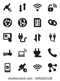 Set of vector isolated black icon - wireless notebook vector, satellite, network, chain, rca, call, sim, data exchange, power plug, lock, router, home control app, social media