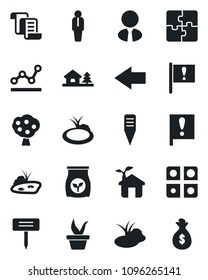 Set of vector isolated black icon - left arrow vector, manager, contract, seedling, plant label, pond, fertilizer, important flag, application, point graph, house with tree, fruit, estate agent, eco