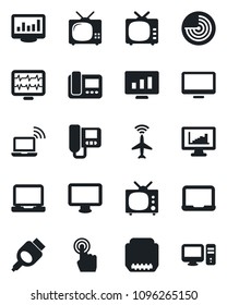 Set of vector isolated black icon - plane radar vector, wireless notebook, pc, statistic monitor, pulse, tv, touch screen, laptop, hdmi, statistics, intercome