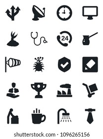 Set of vector isolated black icon - baby room vector, shower, wind, factory, sproute, stethoscope, virus, route, 24 hours, client, clock, cargo, shield, satellite antenna, monitor, notes, coffee