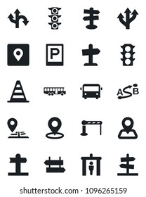 Set of vector isolated black icon - airport bus vector, parking, barrier, security gate, signpost, border cone, route, navigation, traffic light, place tag, guidepost