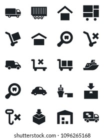 Set of vector isolated black icon - sea shipping vector, truck trailer, car delivery, port, consolidated cargo, warehouse storage, no trolley, hook, package, search, moving