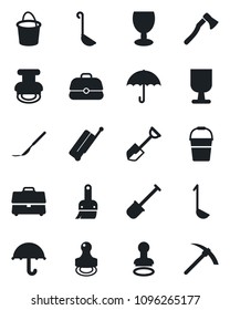 Set of vector isolated black icon - suitcase vector, stamp, shovel, bucket, axe, scalpel, fragile, umbrella, themes, case, ladle, hard work