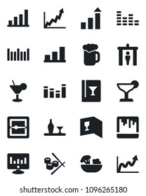 Set of vector isolated black icon - security gate vector, growth statistic, monitor, barcode, equalizer, scanner, bar graph, alcohol, wine card, cocktail, beer, salad, sushi
