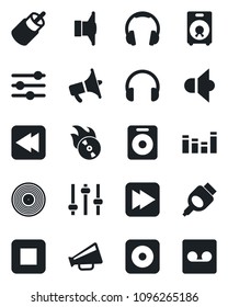Set of vector isolated black icon - vinyl vector, flame disk, speaker, loudspeaker, equalizer, headphones, stop button, fast forward, rewind, rec, rca, hdmi, tuning, record