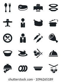 Set of vector isolated black icon - spoon and fork vector, waiter, dish, restaurant table, plates, chicken, steak, kebab, ham, bowl, steaming pan, sushi