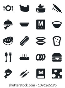 Set of vector isolated black icon - spoon and fork vector, cafe, menu, salad, plates, bacon, waiter, bread, chicken, steak, kebab, hamburger, bowl, rolling pin, cheese