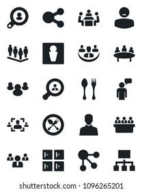 Set of vector isolated black icon - spoon and fork vector, male, checkroom, speaking man, team, meeting, patient, group, user, company, hr, client search, social media, hierarchy