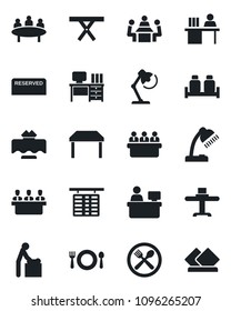 Set of vector isolated black icon - baby room vector, flight table, desk, meeting, manager place, picnic, lamp, restaurant, cafe, reserved, salt and pepper, serviette
