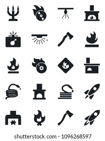 Set of vector isolated black icon - bomb in case vector, fire, hose, axe, fireplace, flammable, flame disk, candle, sprinkler, rocket