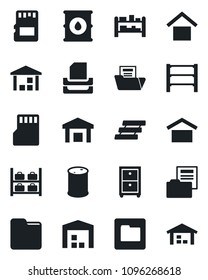 Set of vector isolated black icon - luggage storage vector, warehouse, oil barrel, rack, sd, folder, document, paper tray, archive box