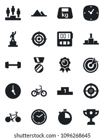 Set of vector isolated black icon - pedestal vector, medal, barbell, bike, heavy, clock, stopwatch, target, mountains, award cup