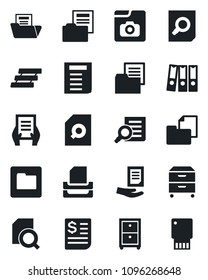Set of vector isolated black icon - document search vector, receipt, folder, photo gallery, paper binder, tray, archive box, usb flash