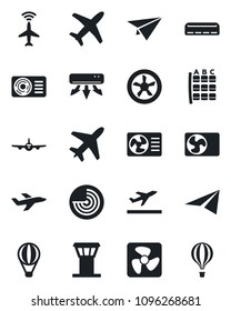 Set of vector isolated black icon - plane vector, airport tower, radar, departure, seat map, air conditioner, fan, paper, balloon