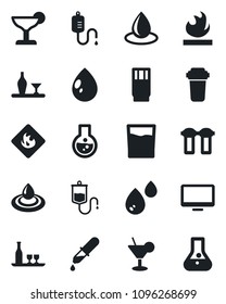 Set of vector isolated black icon - water drop vector, dropper, flammable, monitor, alcohol, drink, cocktail, filter, flask