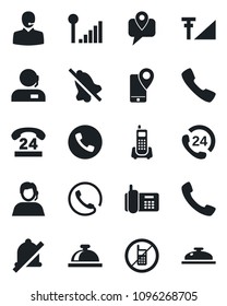 Set of vector isolated black icon - phone vector, no mobile, reception bell, office, 24 hours, support, tracking, call, mute, cellular signal