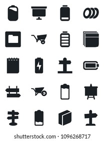 Set of vector isolated black icon - signpost vector, notepad, presentation board, wheelbarrow, battery, low, folder, charge, blank box, plates, guidepost