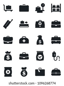 Set of vector isolated black icon - suitcase vector, baggage conveyor, trolley, luggage storage, scales, case, money bag, fertilizer, doctor, dropper