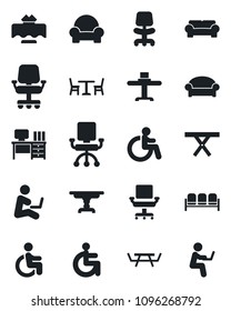 Set of vector isolated black icon - cafe vector, waiting area, disabled, office chair, desk, picnic table, cushioned furniture, restaurant, man with notebook