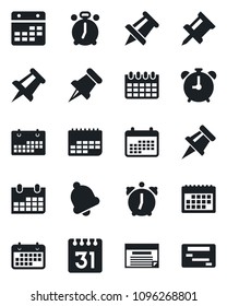 Set of vector isolated black icon - alarm clock vector, drawing pin, calendar, term, paper, bell, schedule