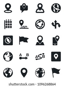 Set of vector isolated black icon - seat map vector, route, navigation, earth, pin, mobile tracking, network, place tag, compass, flag