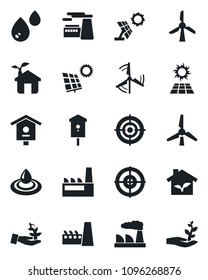 Set of vector isolated black icon - factory vector, bird house, target, sun panel, windmill, eco, water, palm sproute